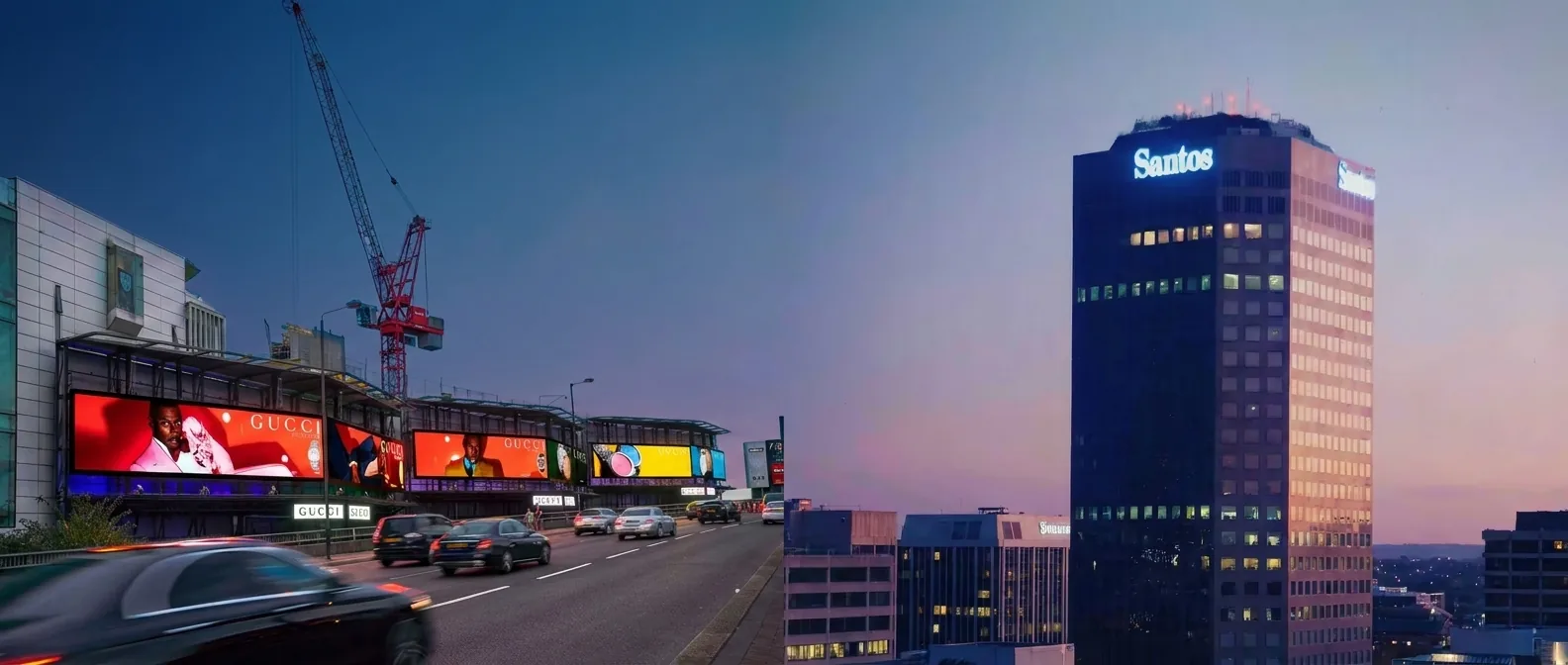 Dusk cityscape merging the billboard street scene with the illuminated Santos tower